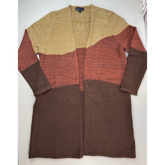 Fortune Ivy Womens Open Cardigan Size Large Artsy Boho Color Block Brown Sweater - Picture 2 of 11